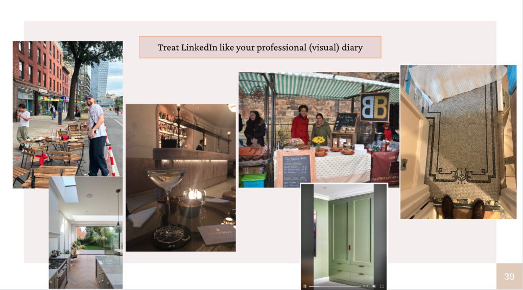 Treat LinkedIn like your professional (visual) diary 
Tel 07903 337 162 ( 
CJARIDGES 
AM 
39 
012 