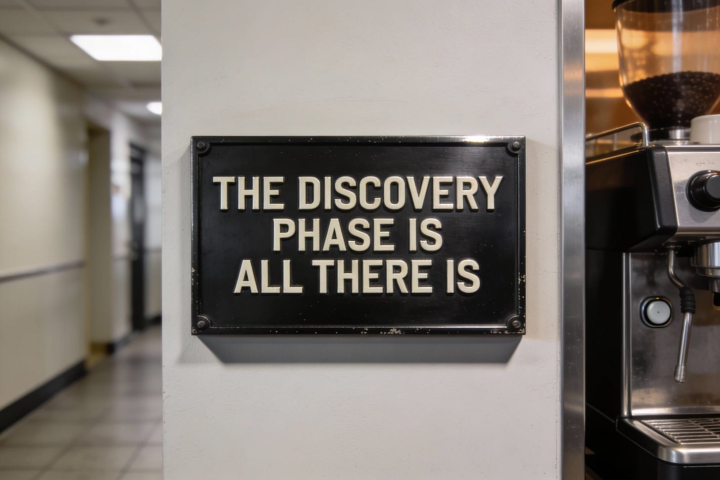 {
  "title": "THE DISCOVERY PHASE IS ALL THERE IS",
  "intent": "minimalist institutional plaque, slightly retrofuturist, tactile realism",
  "scene": {
    "setting": "provisional floor hallway wall, near a coffee machine",
    "primary_object": "rectangular wall plaque mounted at chest height",
    "materials": [
      "brushed aluminum or matte black anodized metal",
      "engraved lettering filled with off-white enamel"
    ],
    "adjacent_elements": [
      "softly blurred coffee machine edge in the background",
      "a mysterious new button barely visible, out of focus"
    ],
    "mood": [
      "calmly authoritative",
      "absurdly official",
      "oddly comforting"
    ]
  },
  "composition": {
    "shot_type": "straight-on close-up",
    "framing": "plaque centered with clean margins; wall texture visible",
    "aspect_ratio": "16:9"
  },
  "camera": {
    "lens": "50mm",
    "angle": "head-on, symmetrical",
    "depth_of_field": "moderate; plaque crisp, background softly blurred",
    "grain": "very subtle"
  },
  "lighting": {
    "source": "soft overhead hallway light",
    "quality": "gentle specular highlights on metal edges",
    "shadows": "thin shadow line beneath plaque for depth"
  },
  "color_palette": {
    "dominant": ["neutral wall off-white", "graphite black or brushed silver"],
    "accent": ["warm reflection from nearby coffee machine"]
  },
  "typography": {
    "render_text_exactly": true,
    "content": "THE DISCOVERY PHASE IS ALL THERE IS",
    "type_style": "industrial sans-serif, all caps, evenly spaced",
    "lettering_method": "engraved or debossed; clean, precise, slightly worn at the edges",
    "layout": "single centered line or two balanced lines; generous padding"
  },
  "design_notes": {
    "plaque_style": "of