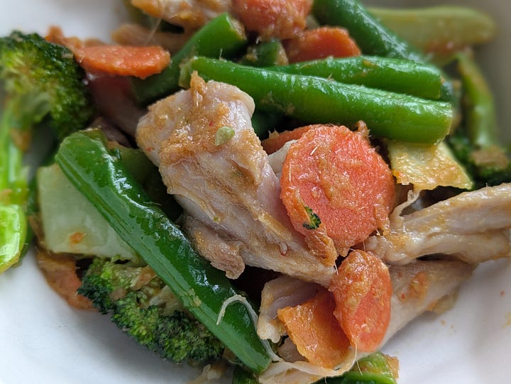 Finished stir-fry with chicken. Bok choy and green beans before cooking.