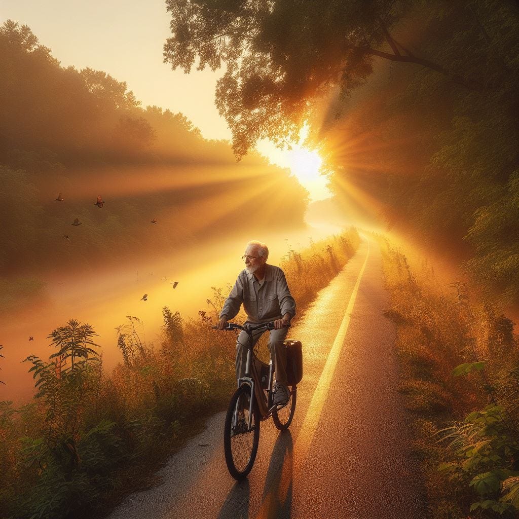 In the heart of Columbia, Missouri, the Katy Trail unfurls like a ribbon through the early morning fog. The sun peeks over the horizon, casting a warm, golden glow that illuminates the trail and the surrounding foliage. Native songbirds flutter about, their melodies creating a symphony that echoes through the crisp morning air. In the midst of this serene landscape, an engaged and trim 75-year-old man appears. He's riding an e-bike, pedaling with a vigor that belies his age. 