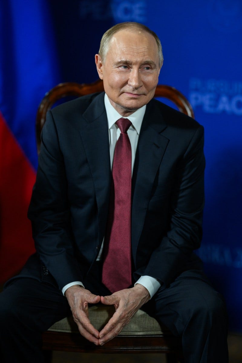 President Donald Trump meets with Russian president Vladimir Putin in the Billy Mitchell Room at Joint Base Elmendorf Richardson in Anchorage, Alaska, Friday, August 15, 2025. (Official White House Photo by Daniel Torok)
