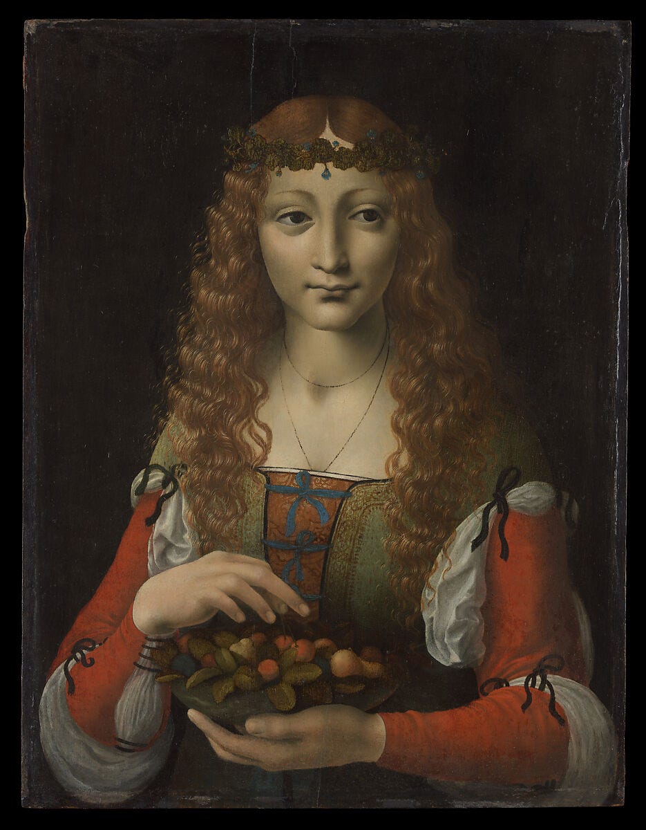 Girl with Cherries, Attributed to Marco d&#39;Oggiono (Italian, Milan ca. 1467–1524 Milan), Oil on wood 