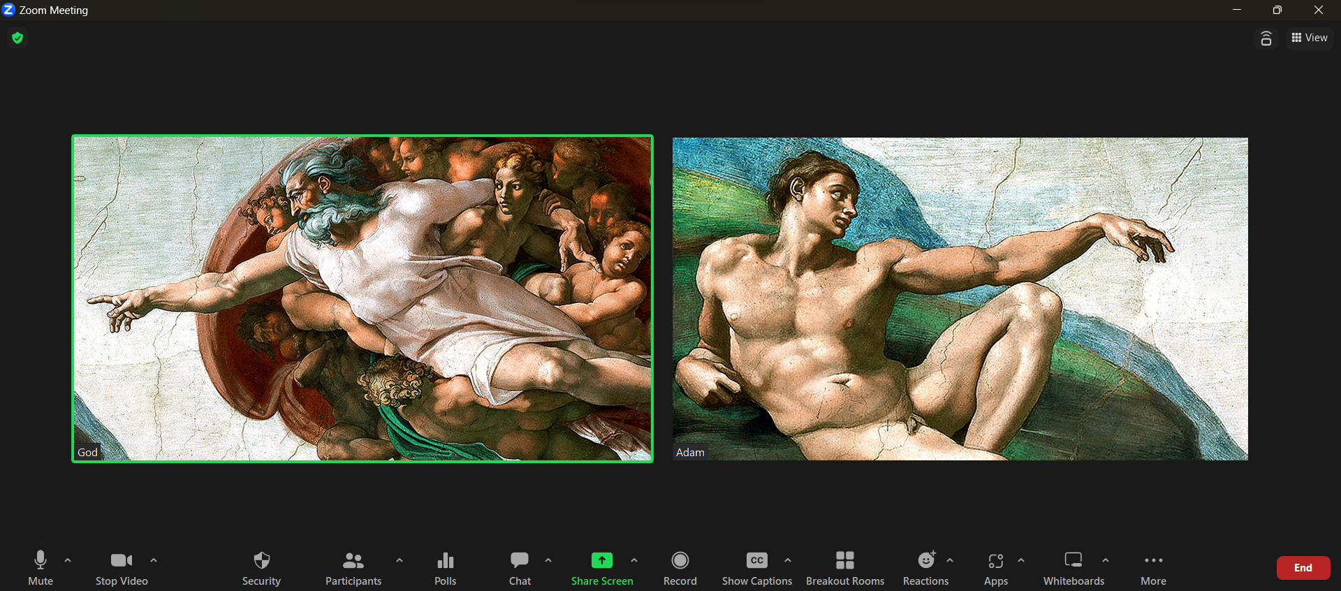 A zoom meeting with God and Adam as the participants.