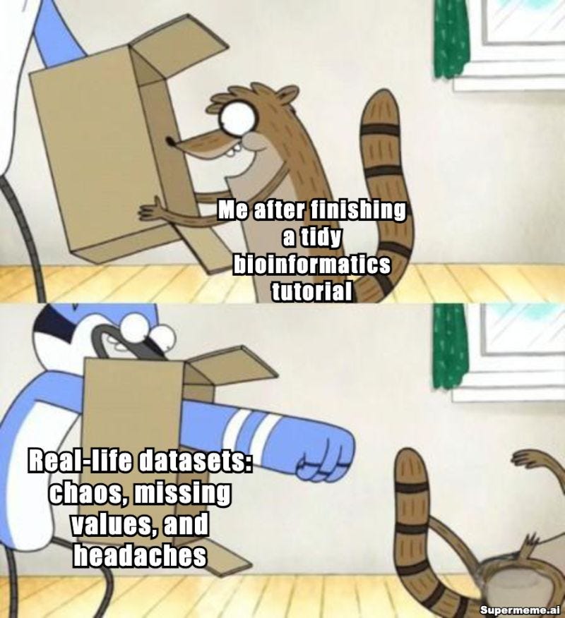 Rigby looking into a box saying "Me after finishing a tidy bioinformatics tutorial" and Mordecai punching Rigby through the box with the words "Real-life datasets: chaos, missing values, and headaches"