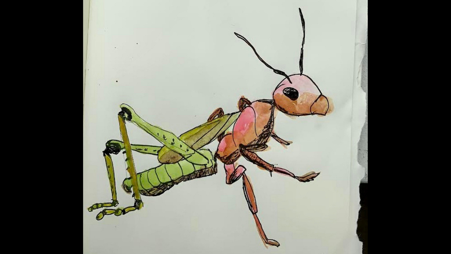a painting of a chimera: An ant head and front body and a grasshopper's hind legs and rear body.