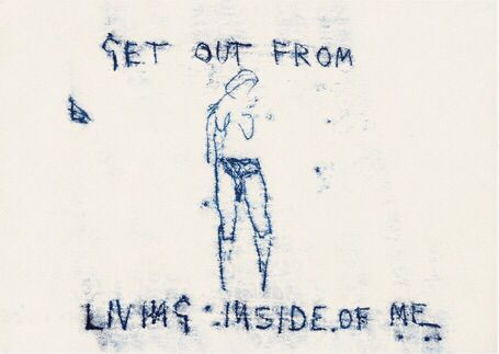 This may contain: graffiti on the side of a building with words written in blue ink and an image of a man holding a baseball bat