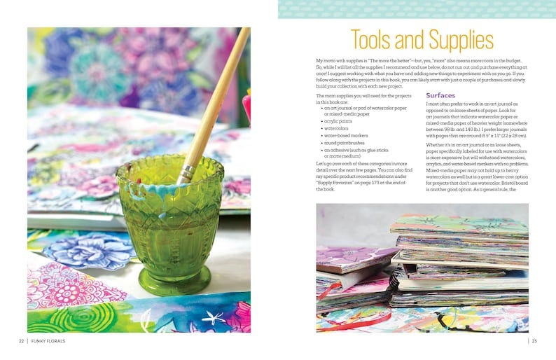 May include: A close-up of a green glass jar with a paintbrush inside. The jar is sitting on a table with a colorful floral pattern. The text "Tools and Supplies" is visible in the background.
