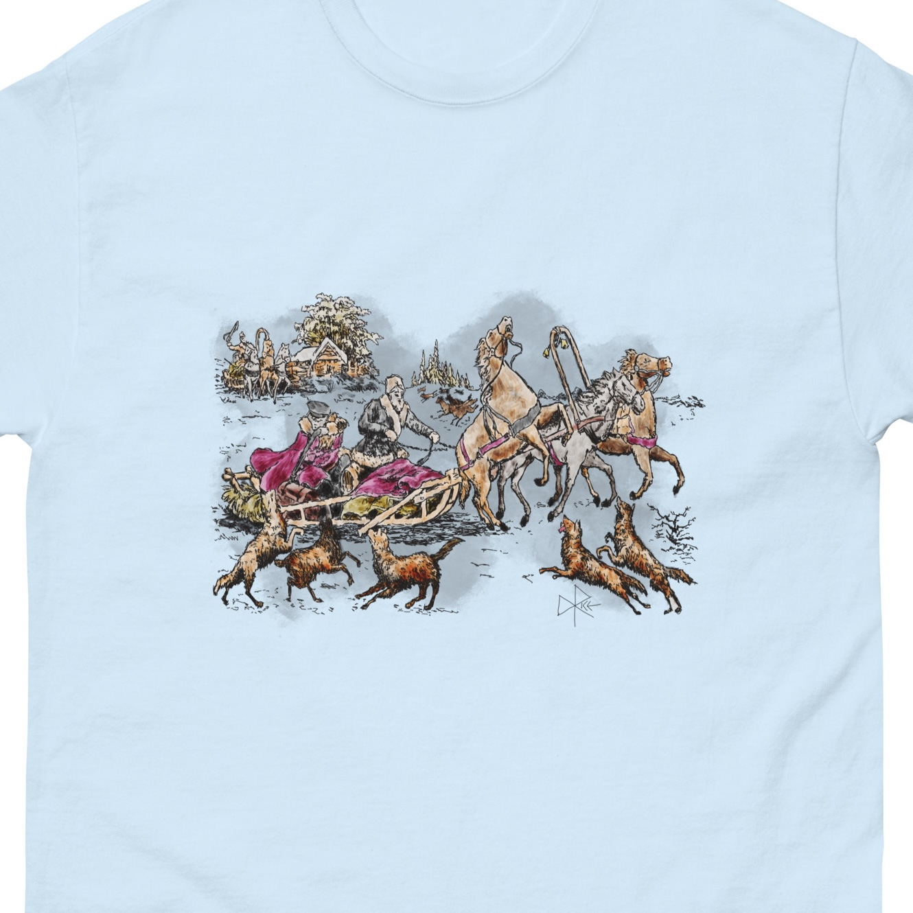 In winter, a pack of wolves surround a horse-drawn courier sleigh. The humans and horses fight back. Sketch art by Don Rice.