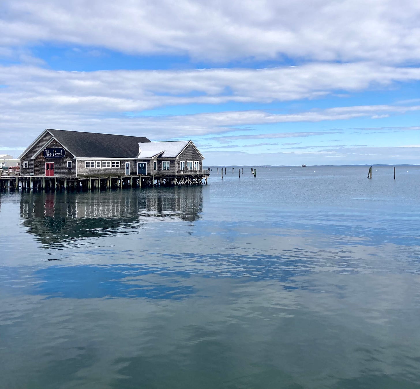 A building on a pier is reflected in the water. Seagulls sit on piles behind the structure. There is a large boat near the horizon.