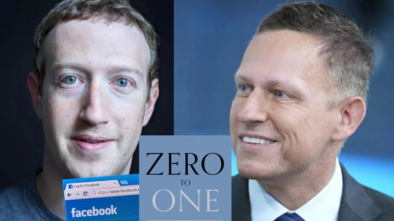 Mark Zuckerberg and Peter Thiel with the Facebook logo and the cover of “Zero to One,” representing Thiel’s early investment in Facebook and his philosophy on building startups from zero to one.