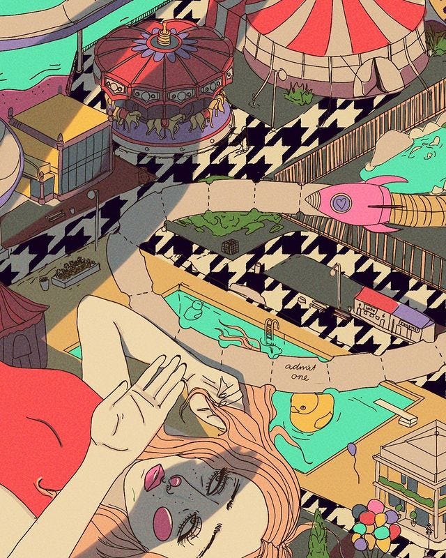 Detalhe da ilustração anterior, com um corte no rosto da menina. Ela está com o braço protegendo os olhos da luz do sol, vemos uma sombra no rosto dela. Dá para ver melhor a expressão de cansaço e mais elementos do parque de diversão, como uma piscina, um carrossel. Detalhe da ilustração anterior, com um corte no rosto da menina. Ela está com o braço protegendo os olhos da luz do sol, vemos uma sombra no rosto dela. Dá para ver melhor a expressão de cansaço e mais elementos do parque de diversão, como uma piscina, um carrossel.