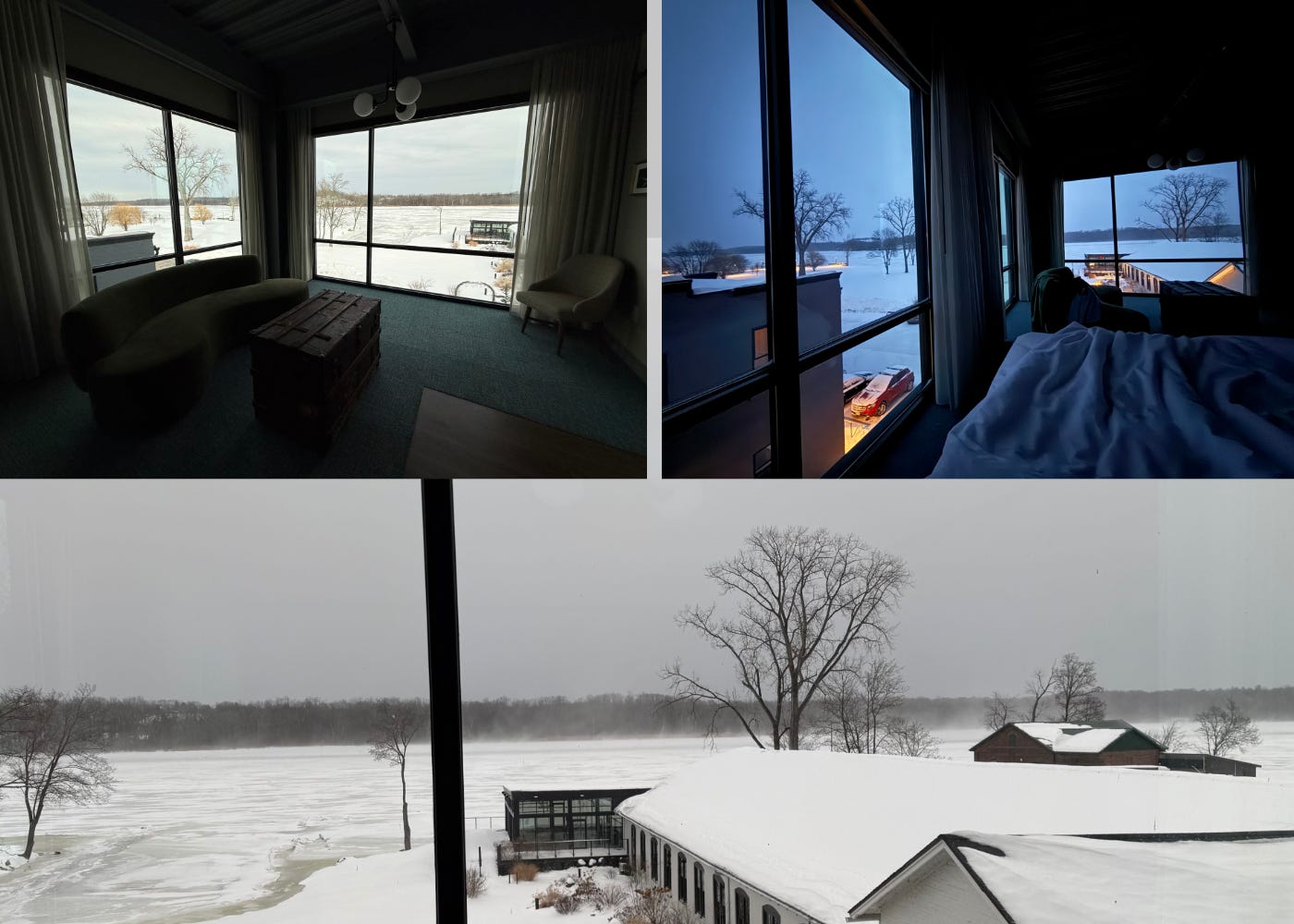 Three photos looking through hotel room windows at the frozen river.
