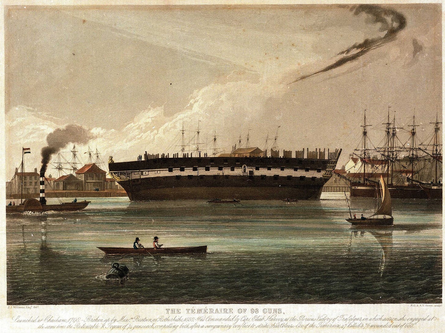 The Temeraire of 98 guns, a print naming Eliab Harvey, Trafalgar, the Redoutable and the Fougueux. National Maritime Museum, Greenwich.