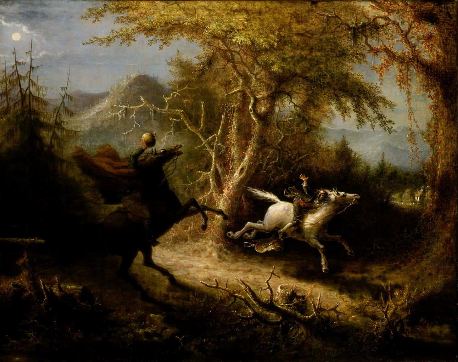 Washington Irving's "The Legend of Sleepy Hollow" inspired Quidor to paint the climactic moment from this famous tale. Ichabod Crane is a prickly and stuck-up schoolmaster and a bumbling suitor for the lovely Katrina, who uses him to make her beau jealous. The pompous twit is no match for the clever locals, and he disappears, chased away by the headless horseman through a darkened wood. Irving's educated nitwit, strapping local boy and flirtatious beauty would reappear as folk characters throughout American literature in the nineteenth century. Washington Irving's "The Legend of Sleepy Hollow" inspired Quidor to paint the climactic moment from this famous tale. Ichabod Crane is a prickly and stuck-up schoolmaster and a bumbling suitor for the lovely Katrina, who uses him to make her beau jealous. The pompous twit is no match for the clever locals, and he disappears, chased away by the headless horseman through a darkened wood. Irving's educated nitwit, strapping local boy and flirtatious beauty would reappear as folk characters throughout American literature in the nineteenth century.