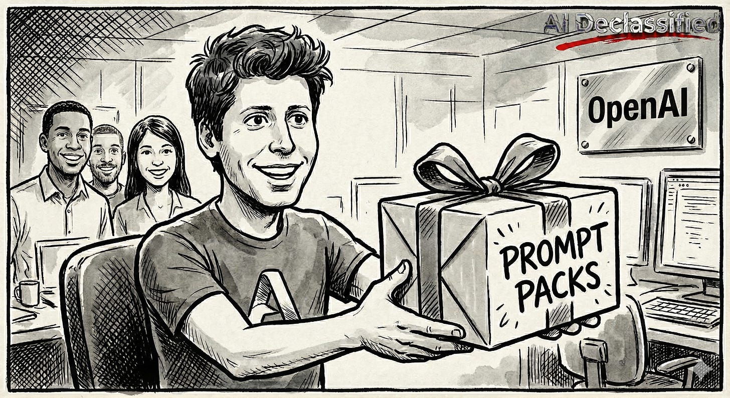 Image showing Sam Altman and other employees presenting "Prompt Packs" as a gift package. Image showing Sam Altman and other employees presenting "Prompt Packs" as a gift package.