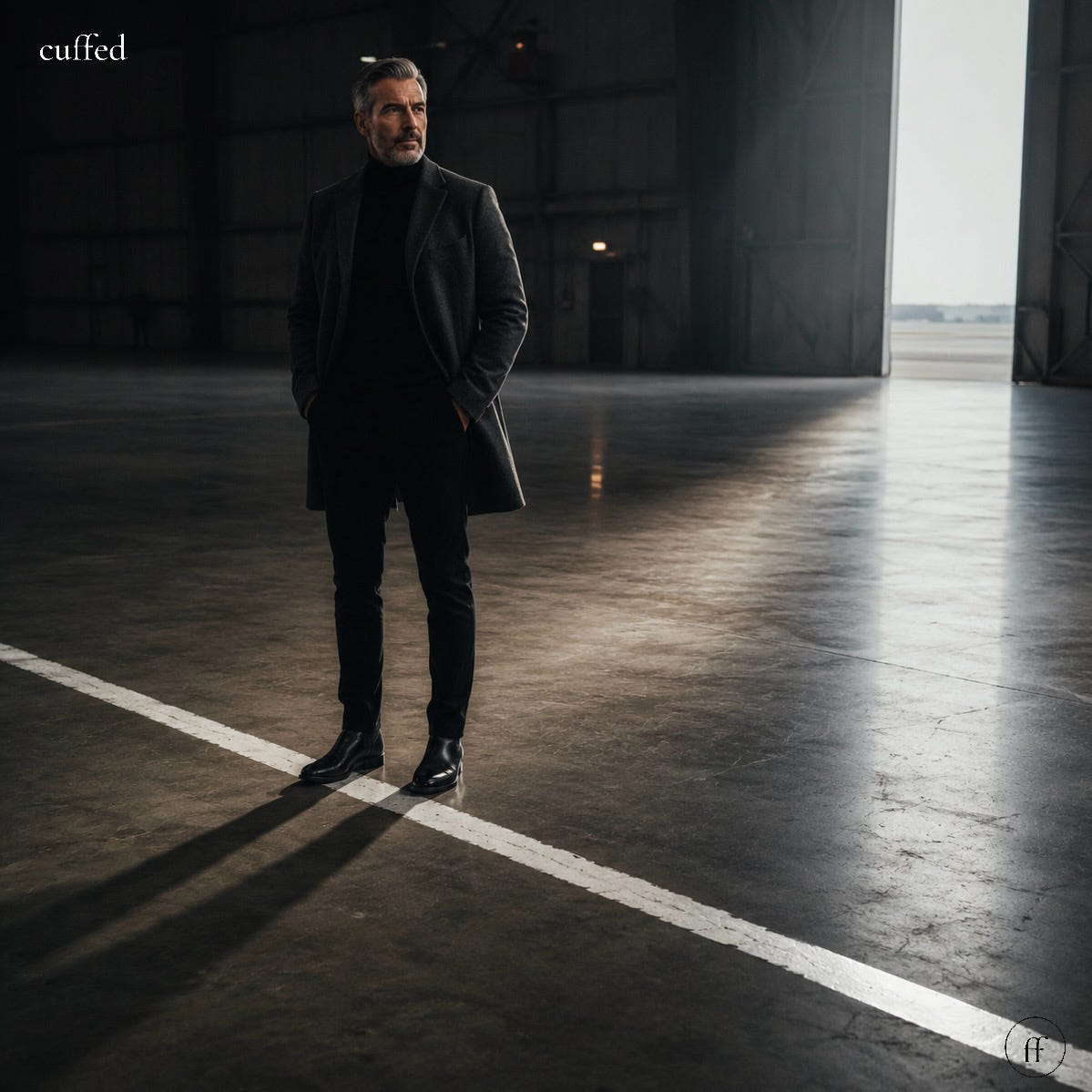 a man stands alone in a dark hangar, light cutting in from behind. black coat, hands in pockets, still. masculine introspection. cuffed musing no. 108 — standards.