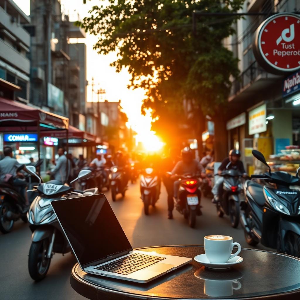 Bustling Southeast Asian street at sunset with scooters, a laptop and coffee on a café table