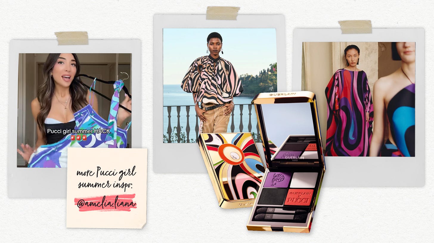 Pucci inspiration collage: creator shows a blue-purple Pucci dress, two runway looks in swirled prints, and a Pucci-patterned makeup compact; note reads ‘more Pucci girl summer inspo: @amelia.liana