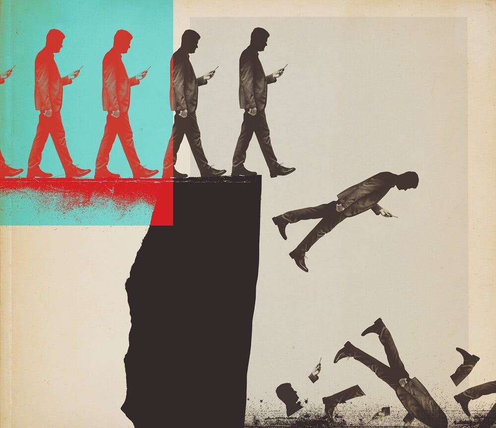Distracted People Walking Off of Cliff