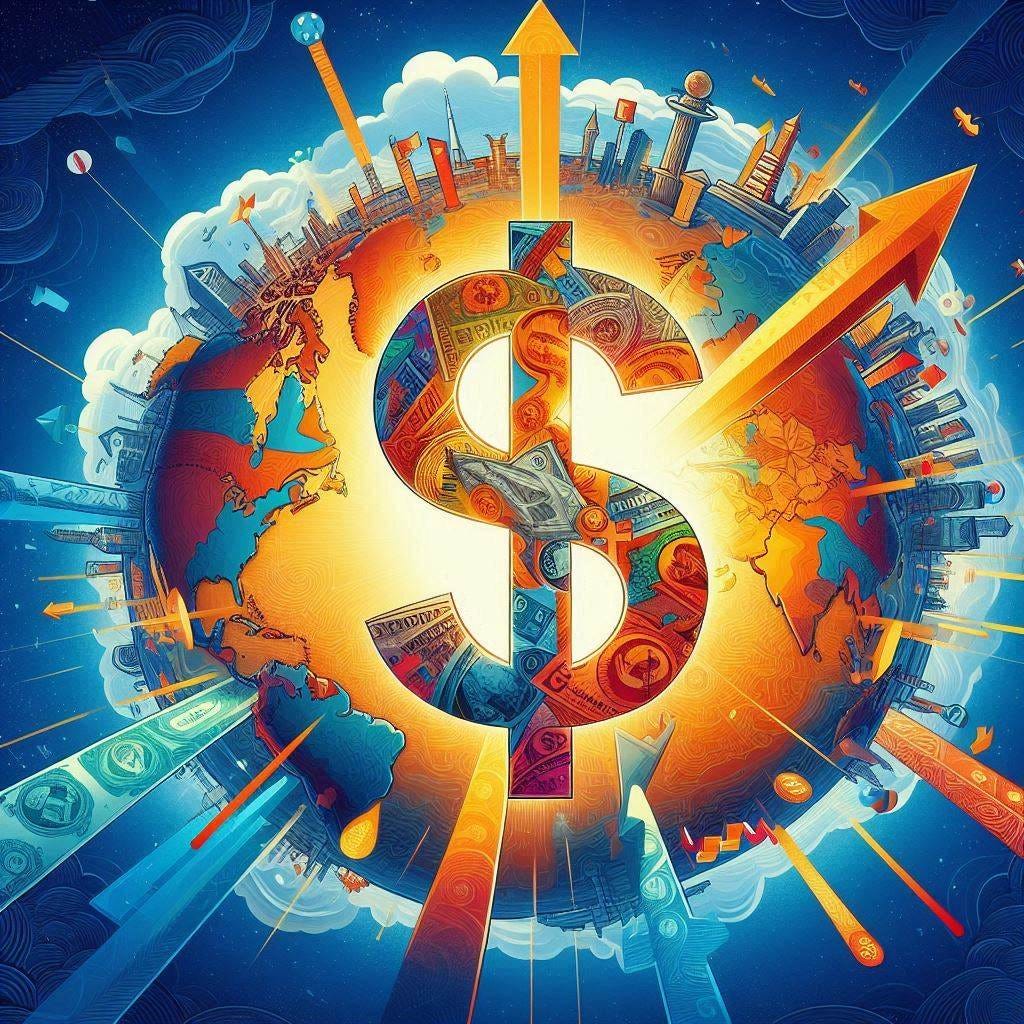 "A dramatic geopolitical illustration titled 'The Fall of the Dollar and Geopolitical Upheaval'. Central: A giant dollar symbol ($) cracking into pieces, transforming into yuan (¥), euro (€), and digital coins. Background: A world map split between West (USA/EU cutting dollar threads with a saw) and East (China/Russia holding BRICS threads). Include a red dragon (China) wrapping around the map with a 'Digital Yuan' key, SWIFT chains breaking, and emerging nations (India, Saud