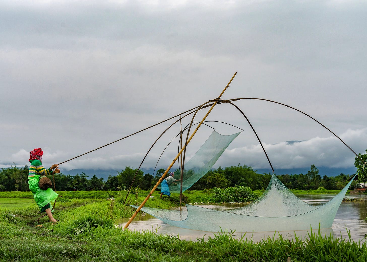 A woman using a traditional lift fishing net to catch fish. Photo by PranongCreative