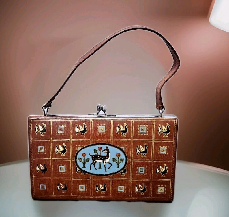 Vintage Mid Century Brown Unique Cottagecore Small Handbag With Fawn image 1