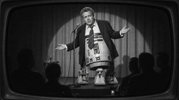 Apparently the screen of a black-and-white TV set, showing a woebegone nightclub comedian in a sort of schlubby pose behind a floor microphone -- hands outstretched and palms upraised, black suit jacket unbuttoned, white shirt collar and tie both loosened. The comedian's entire lower body appears to have been replaced by a barrel-shaped "Star Wars" droid. There's a drink on a stool beside him; the glass -- as you might expect -- isn't even half-full. Apparently the screen of a black-and-white TV set, showing a woebegone nightclub comedian in a sort of schlubby pose behind a floor microphone -- hands outstretched and palms upraised, black suit jacket unbuttoned, white shirt collar and tie both loosened. The comedian's entire lower body appears to have been replaced by a barrel-shaped "Star Wars" droid. There's a drink on a stool beside him; the glass -- as you might expect -- isn't even half-full.