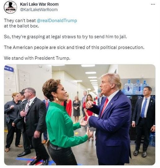 May be an image of 5 people, people standing and text that says 'Kari Lake War Room @KariLakeWarRoom They can't beat @realDonaldTrump at the ballot box. So, they're they grasping at legal straws to try to send him to jail. The American people are sick and tired of this political prosecution. We stand with President Trump.'