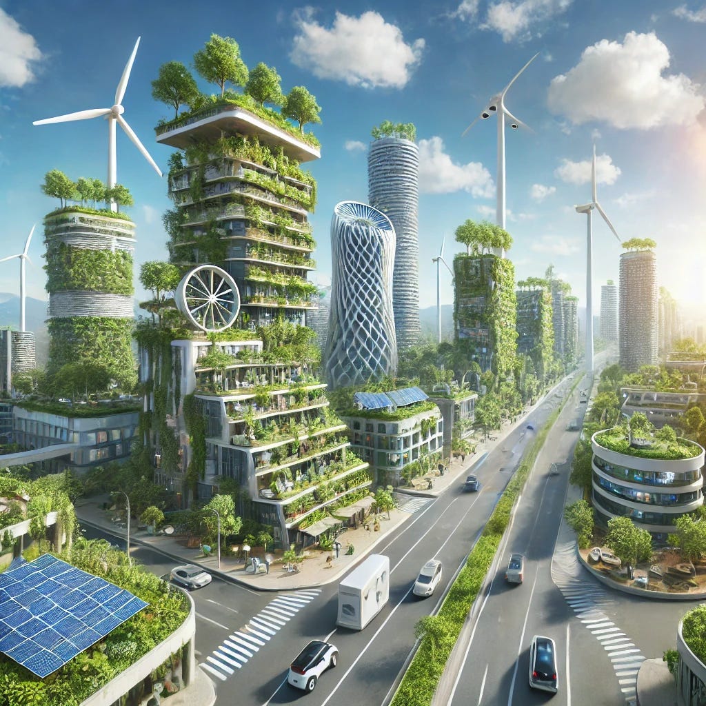 futuristic cityscape featuring eco-friendly skyscrapers, vertical gardens, wind turbines, and solar panels under a clear blue sky, representing sustainability in the next decade. futuristic cityscape featuring eco-friendly skyscrapers, vertical gardens, wind turbines, and solar panels under a clear blue sky, representing sustainability in the next decade.