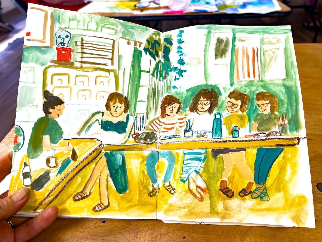 beth spencer sketchbook illustration of artists drawing in a studio