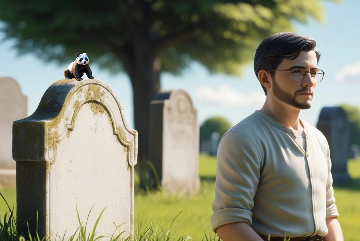 Illustration of a young man standing alone in a cemetery on a sunny day