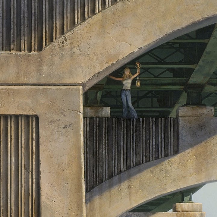 LEFT: Detail from THE BIG QUESTION featuring a woman standing on the concrete support of a highway overpass holding up a lantern. Light cuts a diagonal across the face of the T-shaped facade. The successive supports following the curve of the road off-panel left. RIGHT: Close detail from THE BIG QUESTION featuring a woman standing on the concrete support of a highway overpass. Light cuts across the exterior face of concrete leaving her in shadow. The steel girders behind her are green. She steadies herself, reaching out for support while in her opposite hand she holds up a metal ring. From it dangles a lantern on a chain.