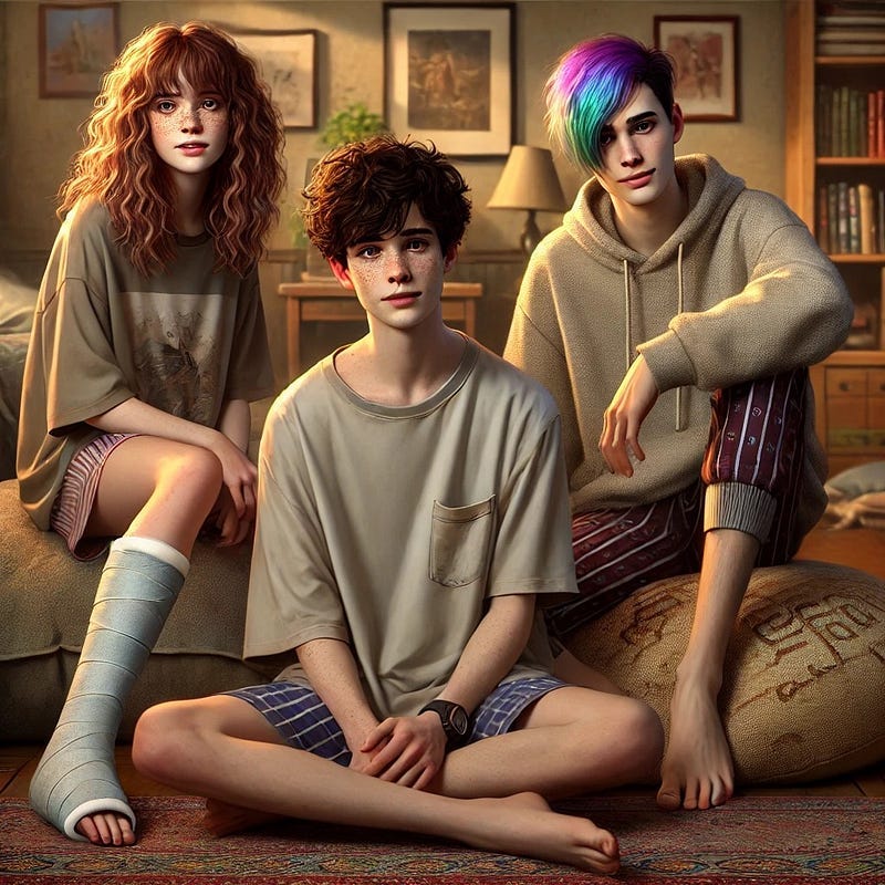 Monroe Siblings Relaxing in a Room Three teenage siblings sit together in a cozy, warmly lit room. The sister has curly red hair, freckles, and a leg cast. One brother sits cross-legged in a T-shirt, and the other wears a hoodie with vibrant rainbow-dyed hair. They appear comfortable and close.