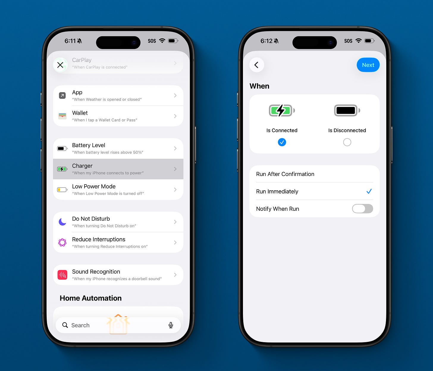 Shortcuts automation trigger set to Charger with "Is Connected" selected, Run Immediately enabled, and Notify When Run turned off.
