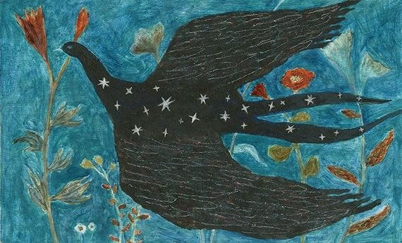 This may contain: a painting of a black bird with stars and flowers on it's wings, flying through the air