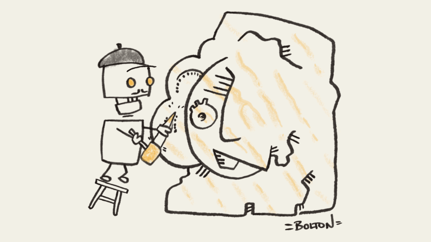 A robot in a beret stands on a stool, chipping with a hammer and chisel at a large block of stone. Your face is emerging from the rock, one eye and a wide grin already carved free. The robot works away at it in a short loop. A robot in a beret stands on a stool, chipping with a hammer and chisel at a large block of stone. Your face is emerging from the rock, one eye and a wide grin already carved free. The robot works away at it in a short loop.