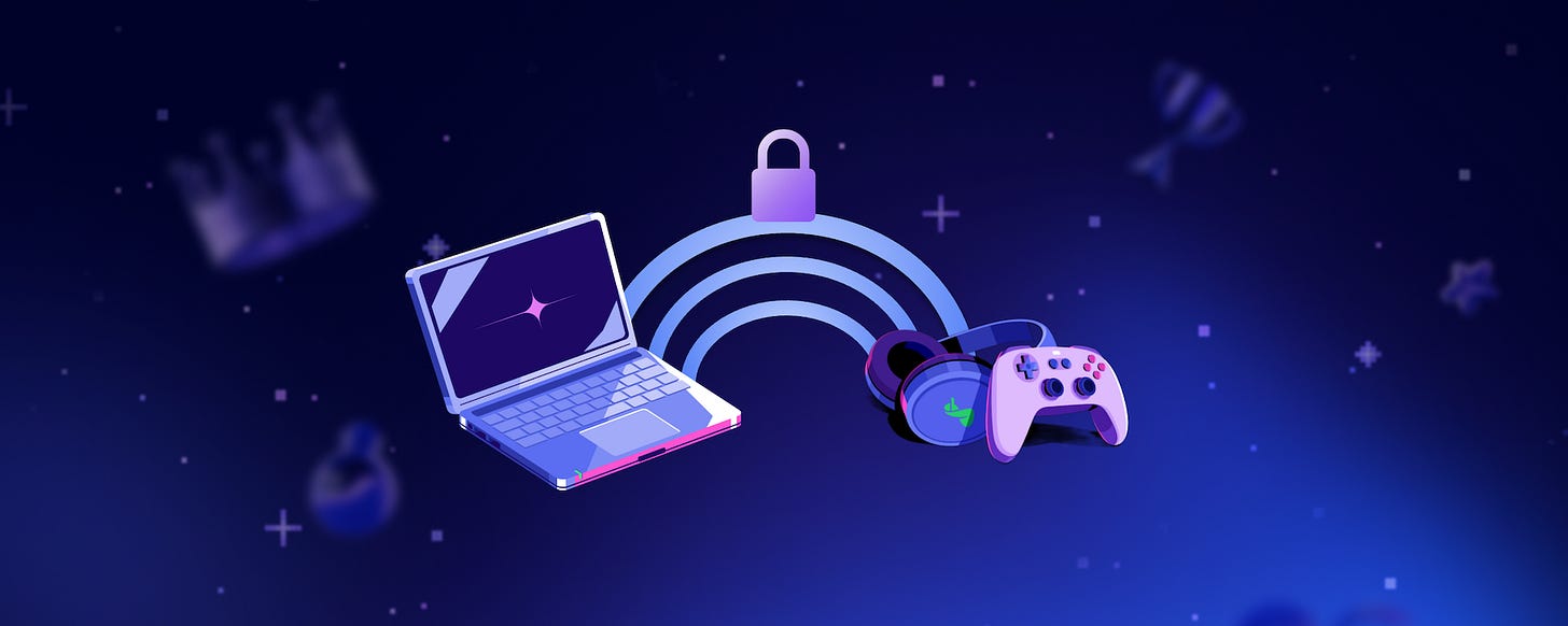 Illustration showing a laptop, gaming controller, and headset connected by wireless signals, with a security lock icon above, representing DAVE end-to-end encryption across Discord. Illustration showing a laptop, gaming controller, and headset connected by wireless signals, with a security lock icon above, representing DAVE end-to-end encryption across Discord.
