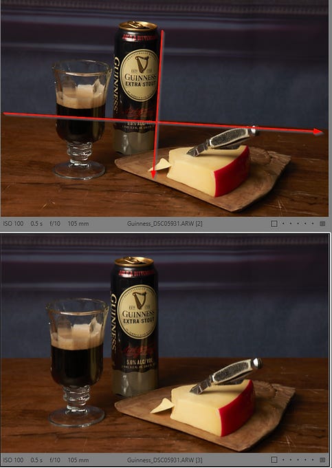 Before and after of a beer and cheese still life, showing the straightening adjustment applied to enhance composition and alignment.