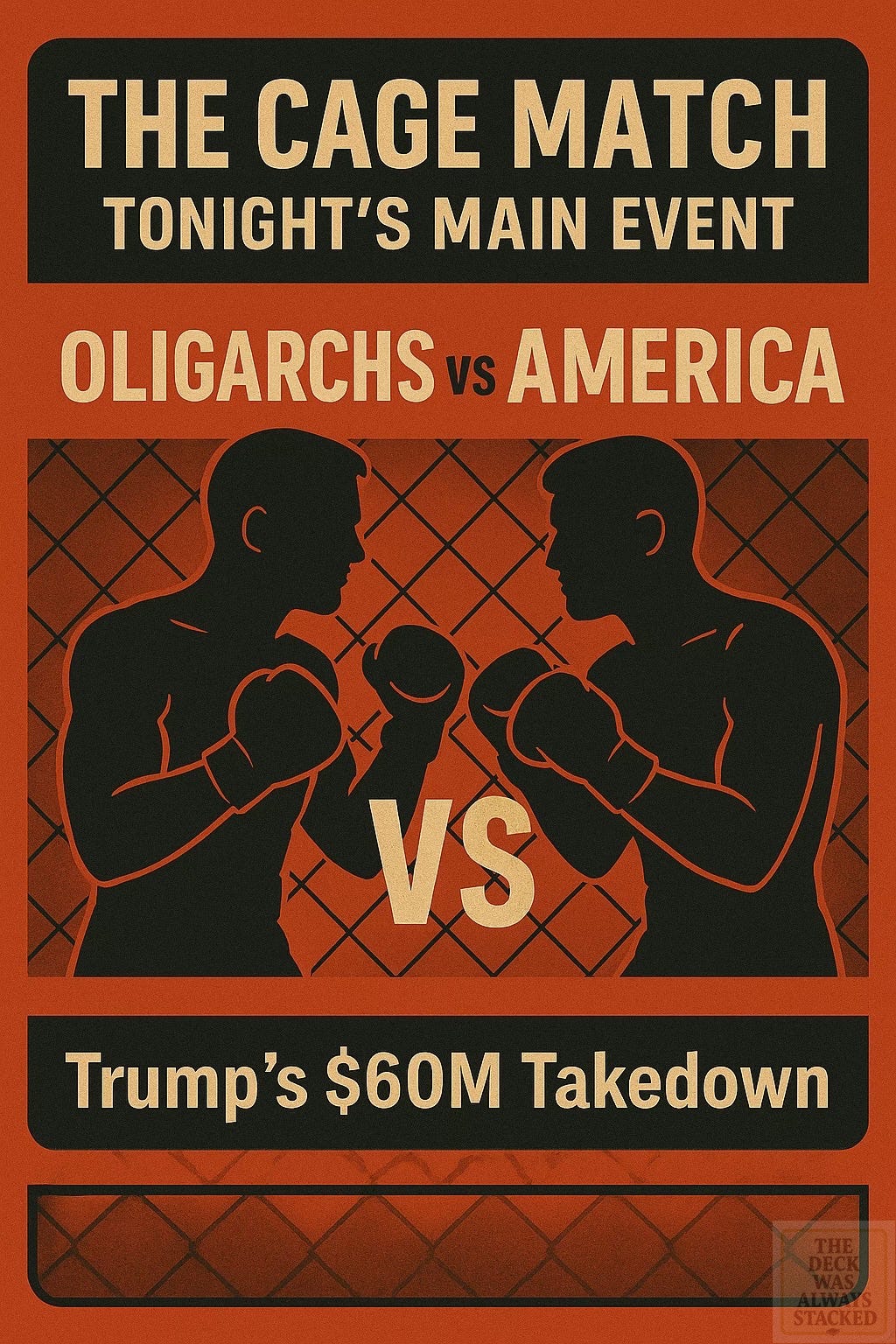 💥 The Cage Match: Tonight’s Main Event Oligarchs vs. America Trump’s $60M TakedownVintage cage-match fight poster titled “The Cage Match: Tonight’s Main Event — Oligarchs vs. America”. Two boxers face off in silhouette with bold red/orange tones, framed by fencing, tagline: “Trump’s $60M Takedown.”