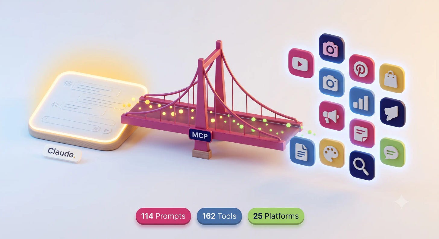 3D bridge labeled MCP connecting a Claude chat interface on one side to a cluster of floating platform app icons on the other 3D bridge labeled MCP connecting a Claude chat interface on one side to a cluster of floating platform app icons on the other