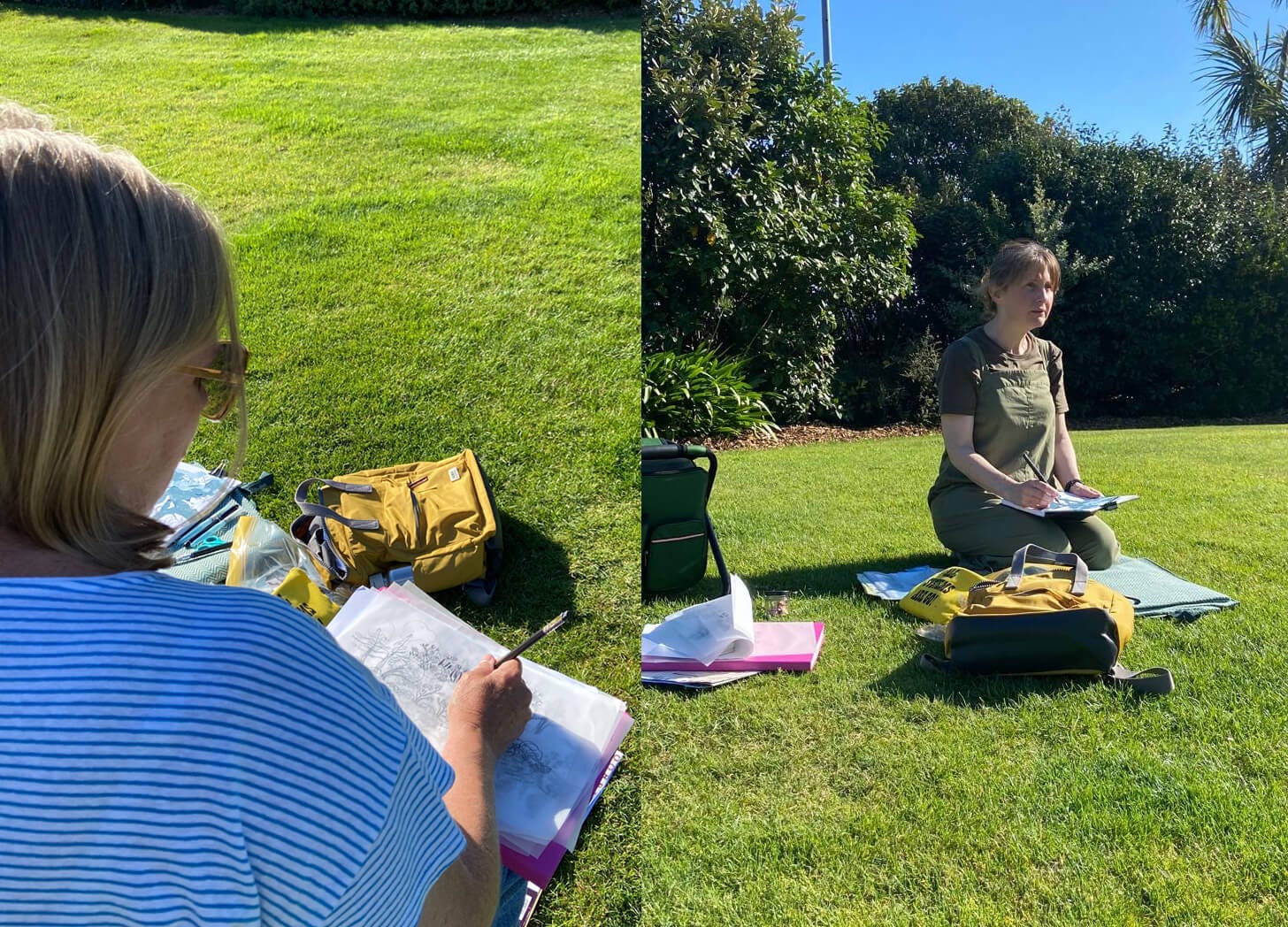 a photo of two white women drawing in sketchbooks in a park. Art materials and bags are lying on the grass