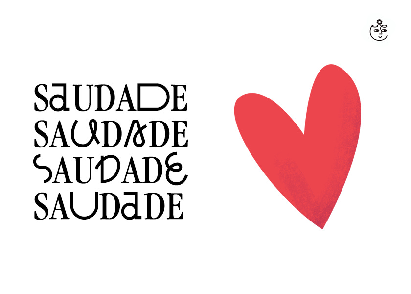 Imagem digital onde se vê do lado esquerdo a palavra saudade quatro vezes e do lado direito um coração vermelho.