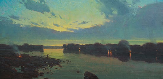 Campfires and Fishing Rods 12 x 24 ©Michael Albrechtsen Campfires along a river, oil, © Michael Albrechtsen