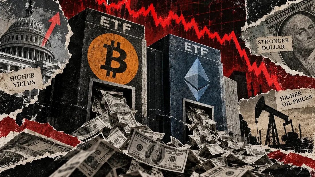 Bitcoin and Ethereum ETF structures spill US dollars as crypto prices fall amid higher yields, oil prices, and a stronger dollar.
