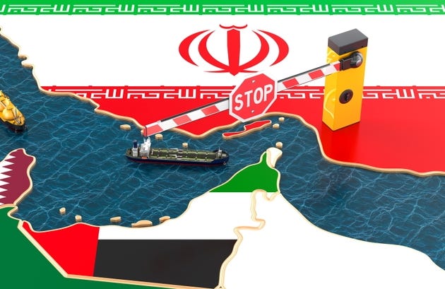 Hormuz blockade concept with tankers and stop barrier near Iran. 3d rendering
