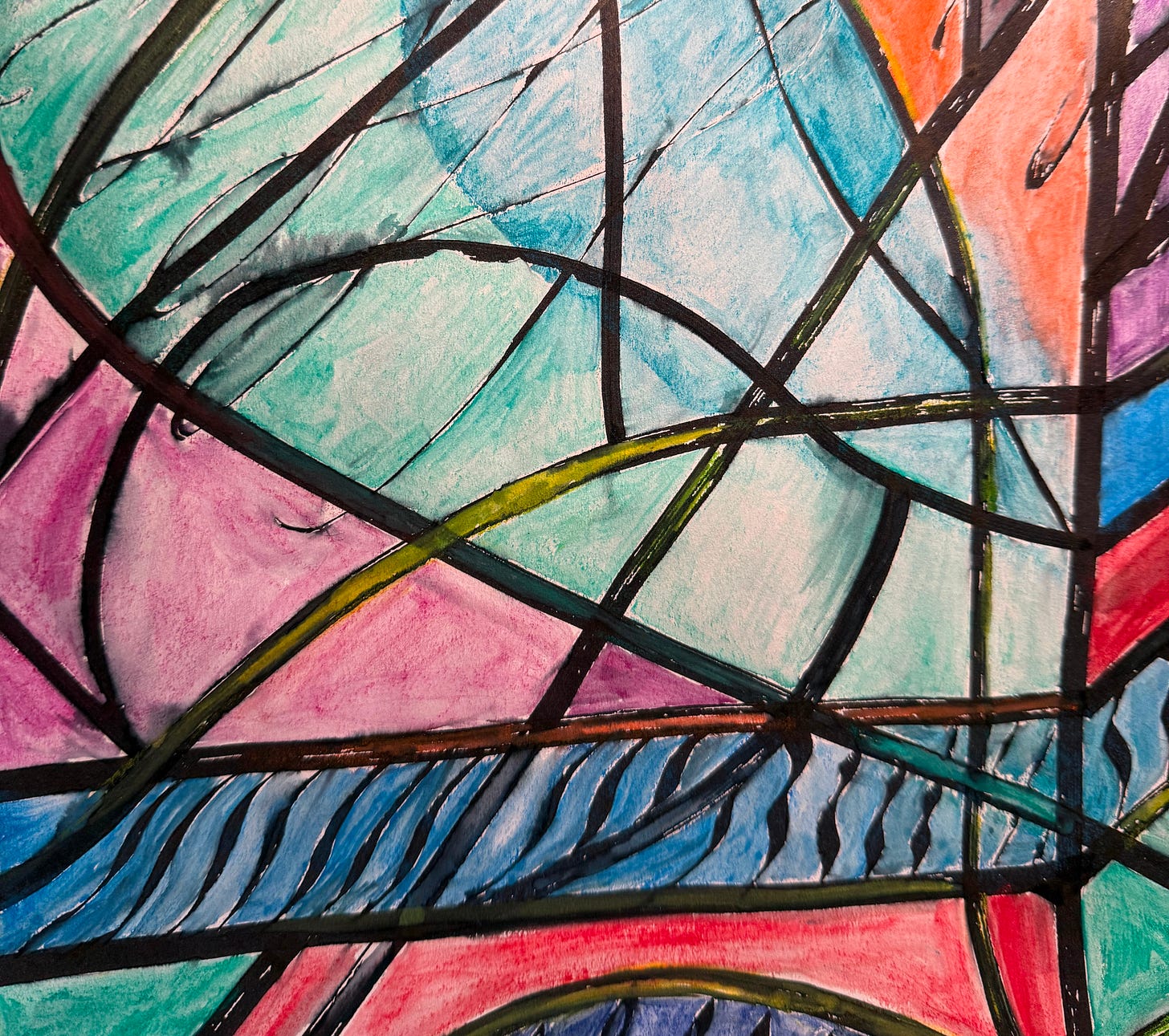 A pen and ink abstract with a sense of a stained glass window. Black lines with multiple colors between. A pen and ink abstract with a sense of a stained glass window. Black lines with multiple colors between.