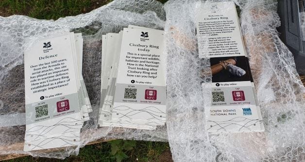 The new interpretation plaques containing the QR codes ready to be added to Cissbury Ring The new interpretation plaques containing the QR codes ready to be added to Cissbury Ring