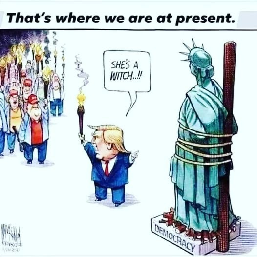 May be an image of text that says 'That's where we are at present. SHE'S A WITCH..!! fact 우건 DEMOCRACY DENOERASY'