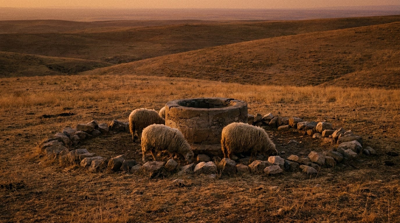 An ancient stone well in dry open country at evening, a ring of rough stones around its mouth and seven sheep grazing nearby, no people, no faces, no text An ancient stone well in dry open country at evening, a ring of rough stones around its mouth and seven sheep grazing nearby, no people, no faces, no text