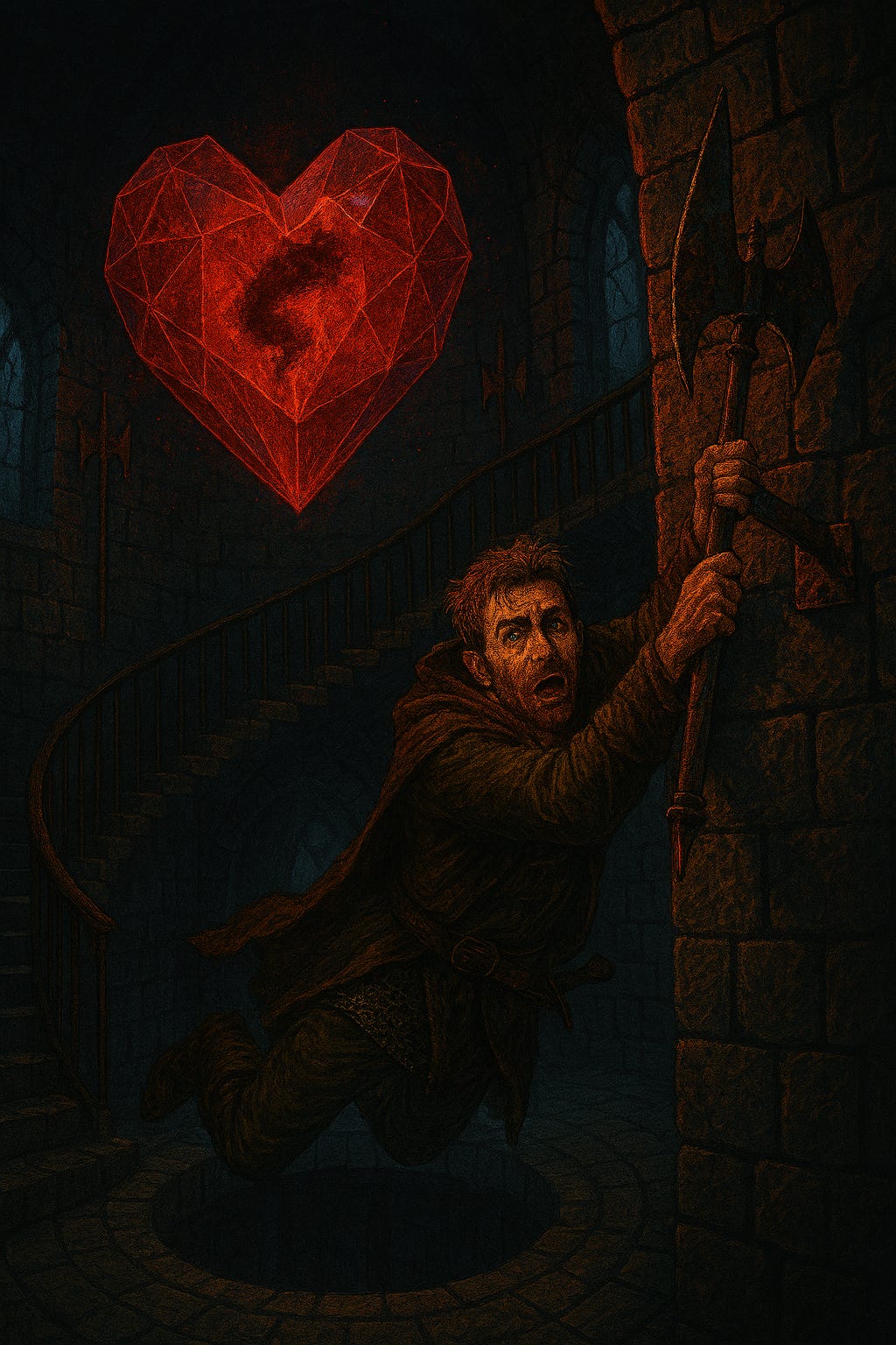 Depict Greegan hanging onto a halberd mount inside the buckling tower of Castle Ravenloft. He is a wiry rogue with tousled blond hair, sharp expressive eyes, and a lean, angular face. His dark rogue leathers are layered for stealth, with a long coat stitched with hidden runes and fingerless gloves revealing calloused hands. His boots skid on the tilting stone floor as he dangles over the central void, gripping the rusted halberd mount with one hand while the tower shakes violently. Red light from the massive crystalline Heart of Sorrow above casts dramatic shadows across the scene. The atmosphere is tense, magical, and dangerous, but without gore or graphic injury.